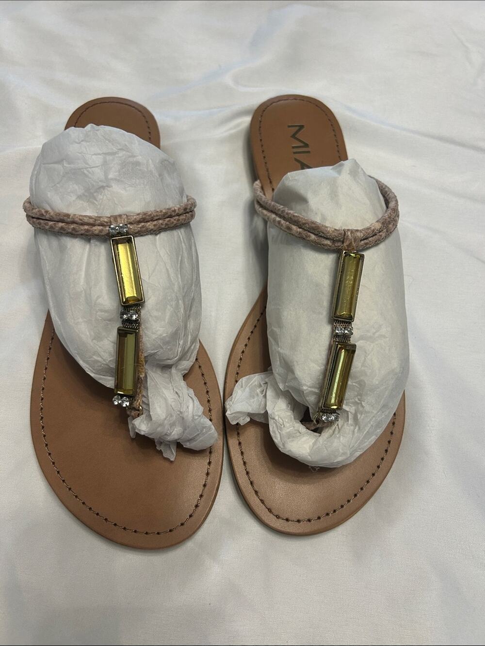 MIA Tan Slide Sandals with Gold Rectangular Accents